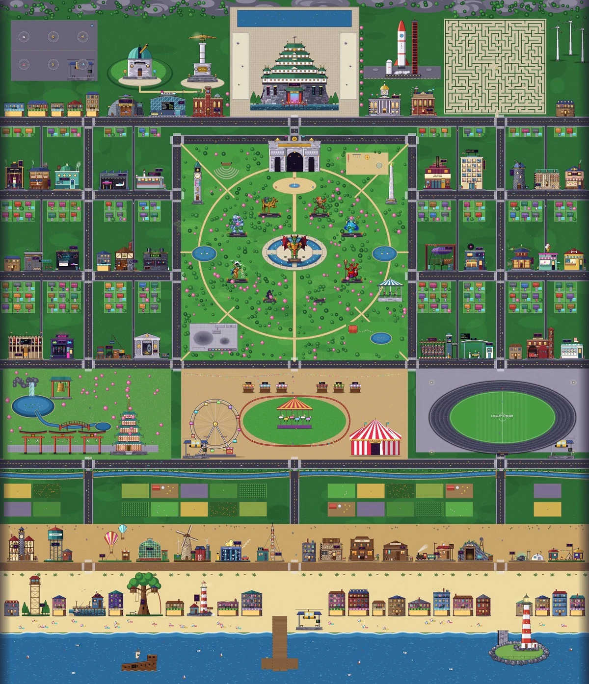 Map of the Pixelopolis city: the Glide Palace, Central Park and the Boss Walk, Main Street, the festival, shrine, stadium, farms and harbour