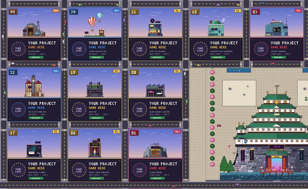 Advertiser plot map: every building has its own plot with a name and logo panel